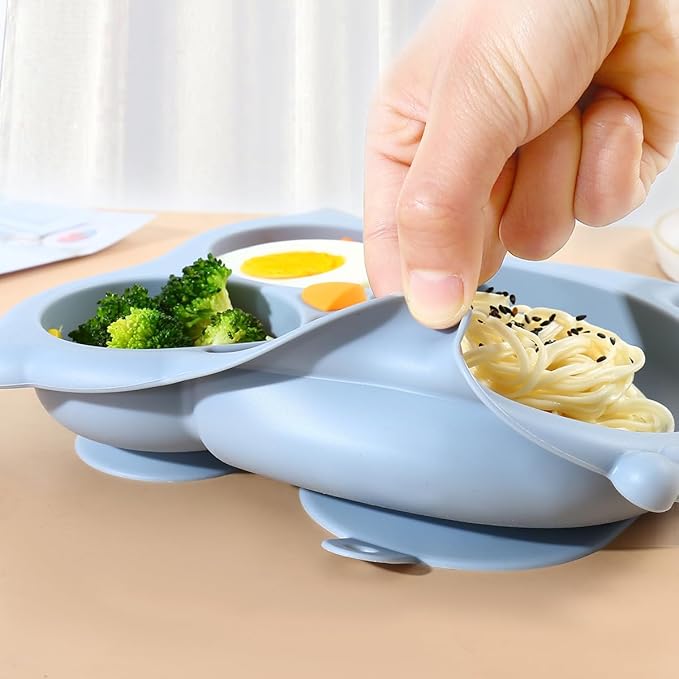 PandaEar Toddler Suction Plates, Stay Put Divided Baby Plates, Owl Shape BPA-Free 100% Food-Grade Silicone Unbreakable Baby Plate, Baby Feeding Supplies (Blue)
