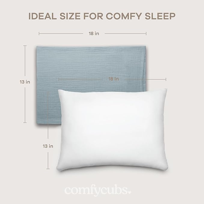 Comfy Cubs Toddler Pillow with Muslin Pillowcase, 13 x 18 in - Travel and Sleep Support for Kids - Lightweight, Breathable Microfiber Fill - Soft and Cozy Small Pillow for Toddlers - Pacific Blue