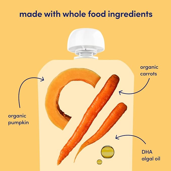 Cerebelly Organic Baby Food Pouches, Carrot Pumpkin Purees, 16 Nutrients, No Added Sugar, Fiber & Non-GMO, 4oz, 12 Pack