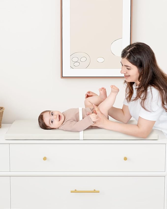 Wipeable Baby Changing Pad for Dresser and Table, Cozy Diaper Changing Pad with Waterproof & Wipe-Clean Leather Cover, Standard Size (31.5" L x 15.8" W), Off-White