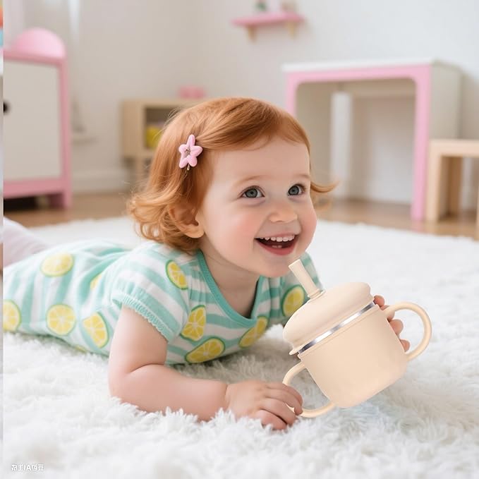 BUSOHA Stainless Steel Sippy Cups - 3 IN 1 Silicone Sippy Cup for Toddlers Baby Straw Cup with Brush Kids Cups with Lid and Silicon Straw Anti-Drop Spill Proof Cups for Travel,8 oz, Beige