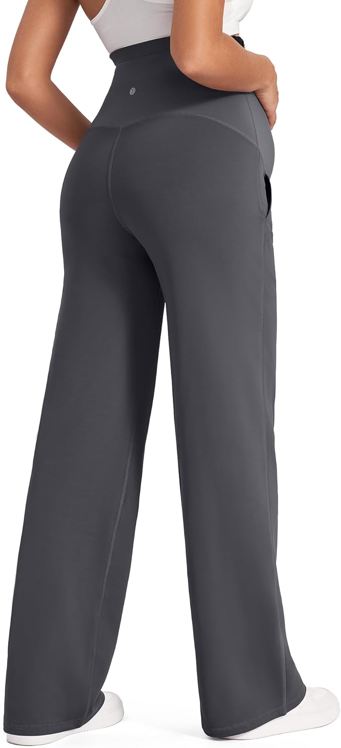 G4Free Fleece Lined Maternity Yoga Pants Over The Belly Stretchy Wide Leg Warm Pregnancy Work Trousers with Pockets