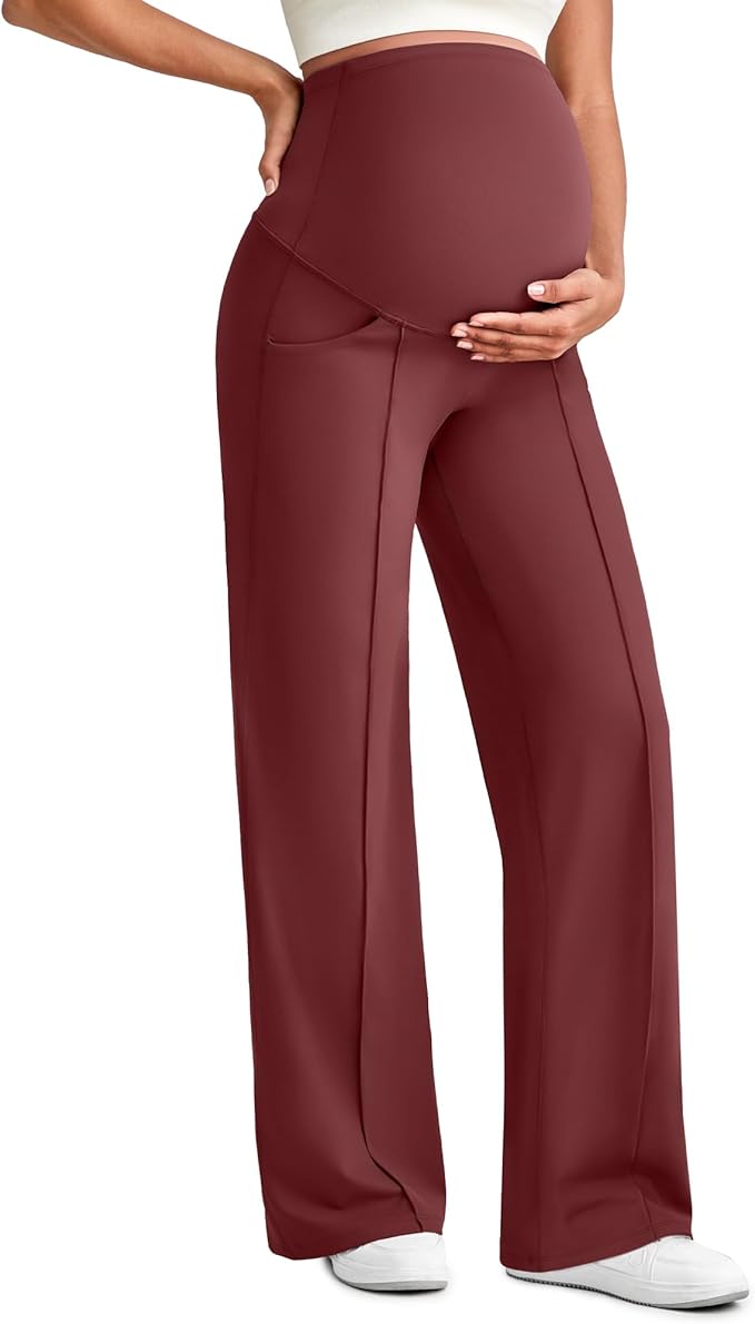G4Free Maternity Dress Yoga Pants with Pockets Over The Belly Stretchy Work Slack Pregnancy Wide Leg Lounge Trousers