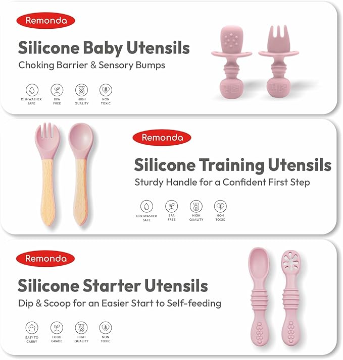 Remonda 23-Piece BPA-Free Silicone Baby Feeding Set | Extra Large Suction Plates, Toddler Bowls, Self Feeding Spoons, and More | Dishwasher Safe| Baby Led Weaning Supplies (Pink)
