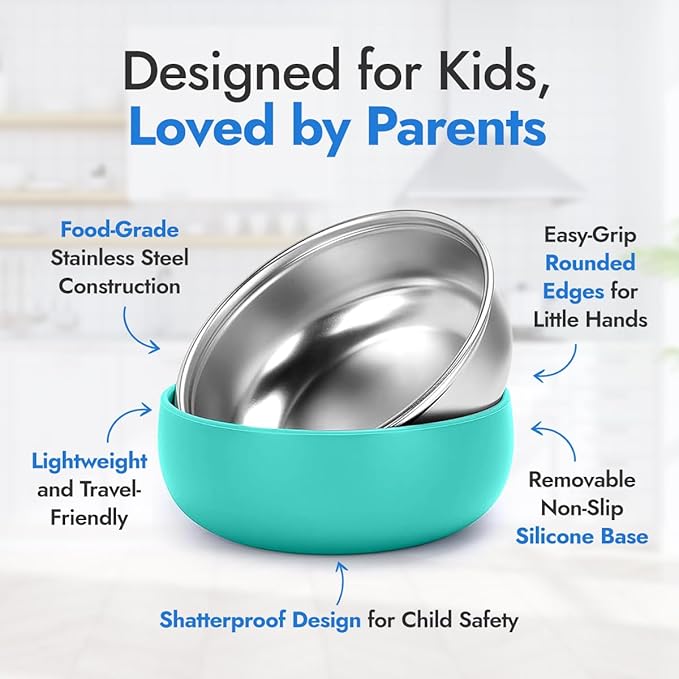 4 Pack Stainless Steel Bowls for Kids - BPA-Free 5" Baby Bowls with Removable Silicone Base - Non-Slip Toddler Bowls for Snacks & Meals (Bright Colors)