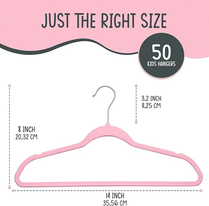 50 Premium Kids Velvet Hangers - 14" Non-Slip Clothes Hangers for Kids & Preteens - Ultra Slim, Space-Saving, Strong & Durable Hangers with 360° Swivel Hook - Pink