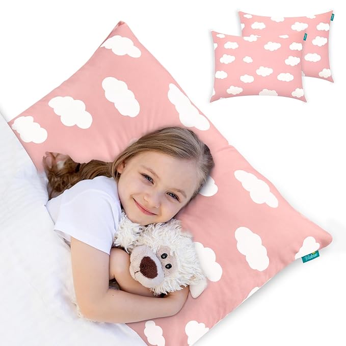 Toddler Pillow for Sleeping, Kid Pillow 14" x 19" for Travel Bed, Soft & Skin-Friendly Travel Pillows for Sleeping, Toddler Use Only, Age 2 to 5, 2 Pack (Pink Cloud)