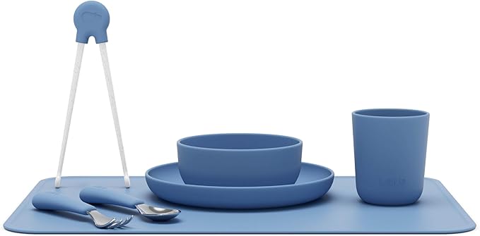 Lalo Big Bites Kids Dinnerware Full Set - Dishwasher Safe, BPA Free, Kids Tableware Set - Includes Stackable Bowl, Plate, Utensils & Cup - 7 Pieces - Blueberry