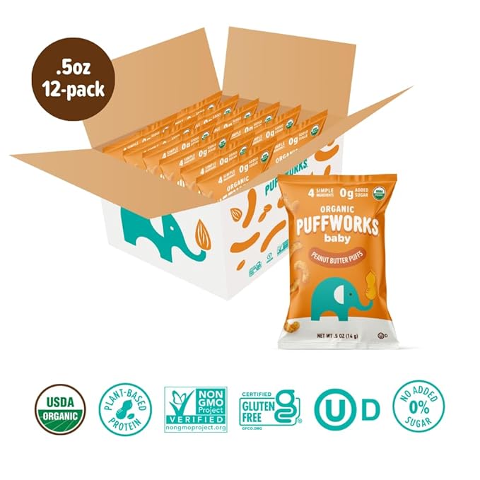 Puffworks Baby Organic Peanut Butter Puffs, Perfect for Early Peanut Introduction, Plant-Based Protein, USDA Organic, Gluten-Free, Vegan, Non-GMO, Kosher, 0.5 Ounce (Pack of 12)