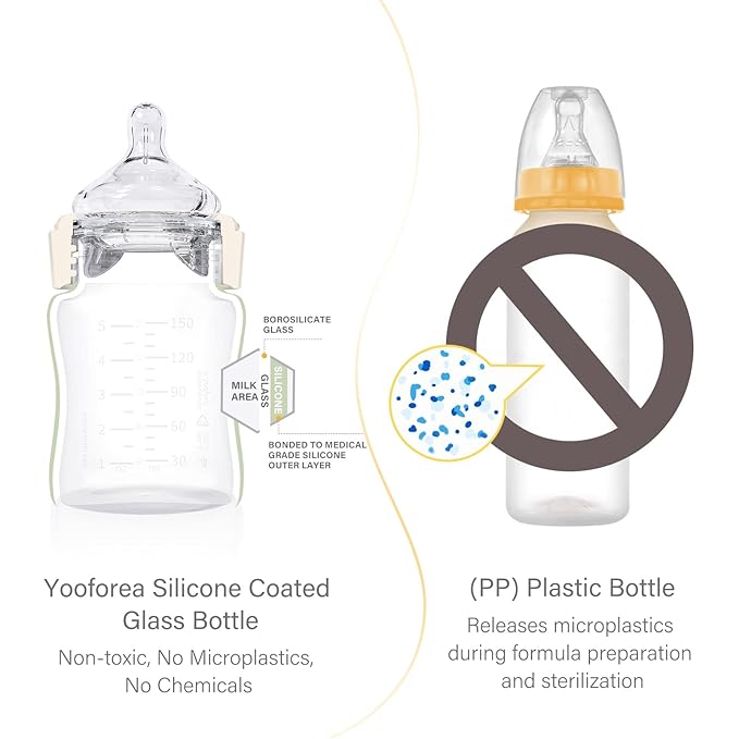 Yooforea Silicone Coated Glass Baby Bottle, 0M+ Slow Flow Nipple I Anti-Colic, Wide Neck, Stable Base I Medical-Grade Silicone Coating for Shatter Protection, BPA BPS PVC Free (2 Pack, 3 Ounce-Cream)