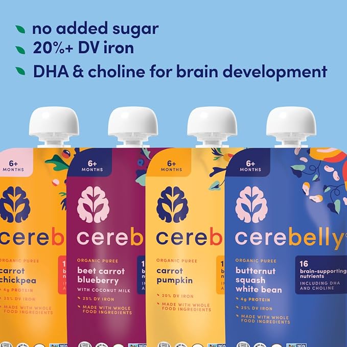 Cerebelly Organic Baby Food Pouches, Hearty Veggie Purees, 16 Nutrients, No Added Sugar, Non-GMO, Toddler Snacks, 4 Flavors, 4oz, 8 Pack