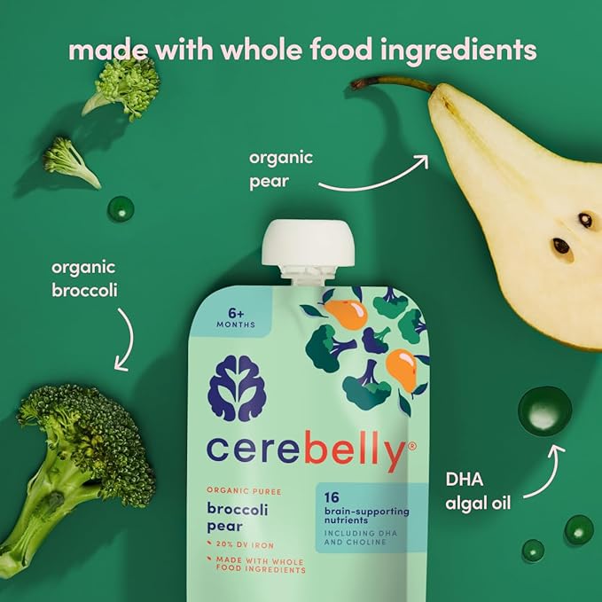 Cerebelly Organic Baby Food Pouches, Broccoli Pear Purees, 16 Nutrients, No Added Sugar, Fiber & Non-GMO, 4oz, 6 Pack
