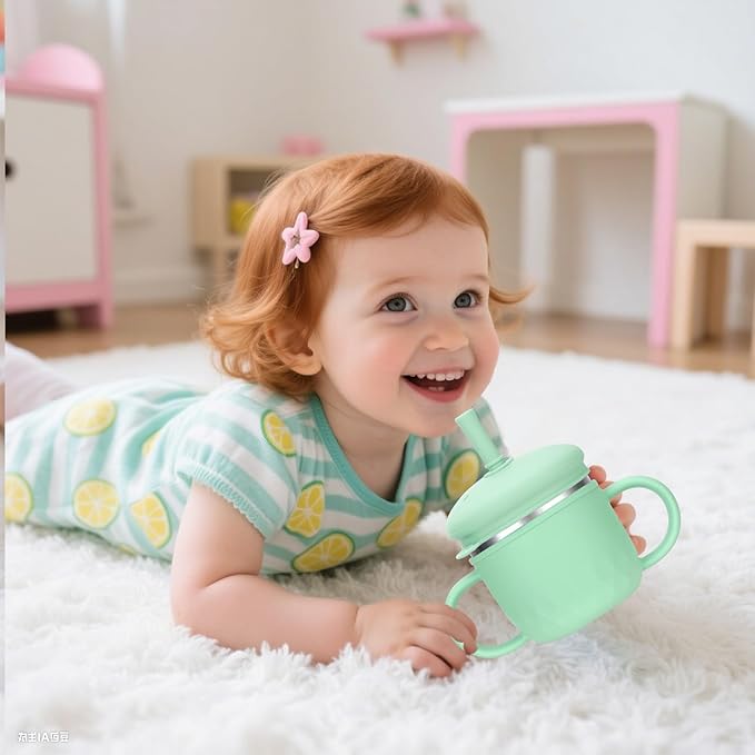 BUSOHA Stainless Steel Sippy Cups for 6+ Month Old - 3 IN 1 Silicone Sippy Cup Toddlers Baby Straw Cup with Brush,Lid and Silicon Straw Kids Anti-Drop Spill Proof Cups for Travel,8 oz,Green