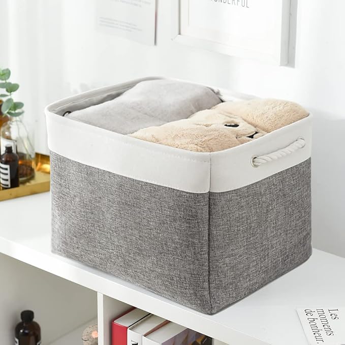Storage Basket for Shelves - 17X15X12 inch 2 Pack Fabric Cube Storage Bin Collapsible Baskets for Organizing with Rope, Storage Box for Cloth Decorative (White & Grey)