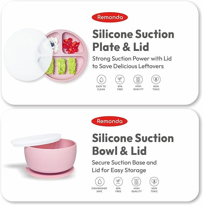 Remonda 23-Piece BPA-Free Silicone Baby Feeding Set | Extra Large Suction Plates, Toddler Bowls, Self Feeding Spoons, and More | Dishwasher Safe| Baby Led Weaning Supplies (Pink)