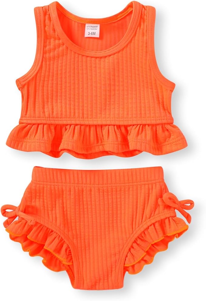 HAPPYMA Baby Swimsuit Toddler Girl Bathing Suit Summer Solid Color Bikini Set Beach Two Piece Swim Wear