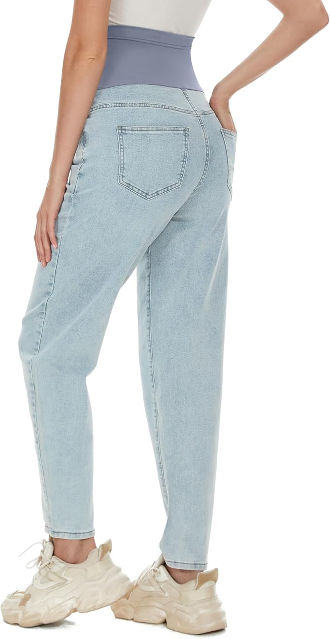 POSHGLAM Women's Maternity Jeans Over Belly Comfy Stretch 28'' Boyfriend Jeans Loose Pregnancy Pants, S-XXL