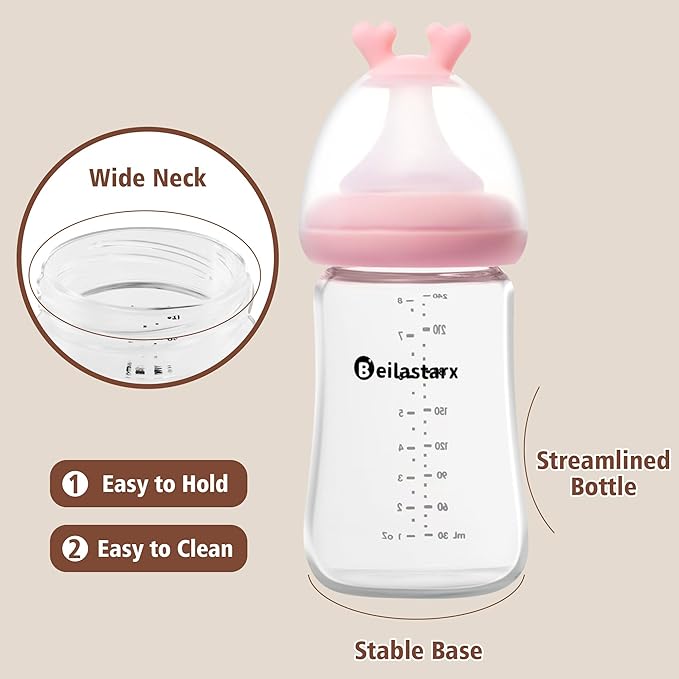 Glass Baby Bottles with Natural Response Nipple Size M - Anti Colic Baby Bottles Wide Neck Slow Flow Baby Bottle(Red, 8oz (Pack of 2))