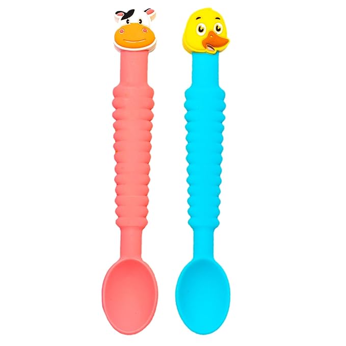 3-in-1 Silicone Baby Spoon Self Feeding 6+ Months - Pediatric OT Designed Teether Spoon, BPA Free Toddler Utensils, Mess-Free, Fun for Baby Led Weaning Supplies, Cow & Duck