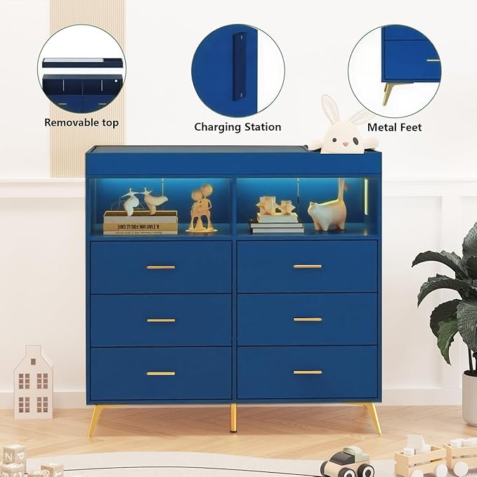 Changing Table Dresser with Drawers, Baby Dresser with Changing Table Top, Power Outlet, LED Light & Metal Feet, Diaper Changing Station Nursery Organizer for Infants Newborn (Blue)