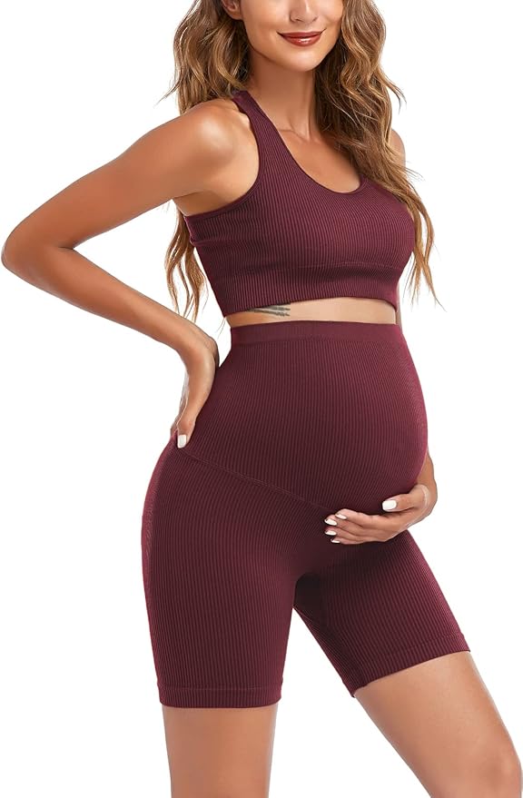 Women's Maternity 2 Piece Outfit Set - Bra & Shorts for Pregnancy - Yoga workout Lounge Wear Sets