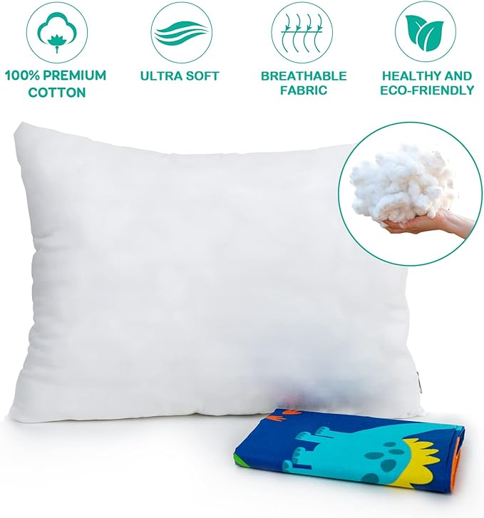 Toddler Pillow with 100% Organic Cotton Pillowcase 14x19, Cottonblue Kids Bedding Pillow for Sleeping, Machine Washable, Boys Pillow and Pillow Cover for Travel, Cot, Bed Set, Blue Dinosaur