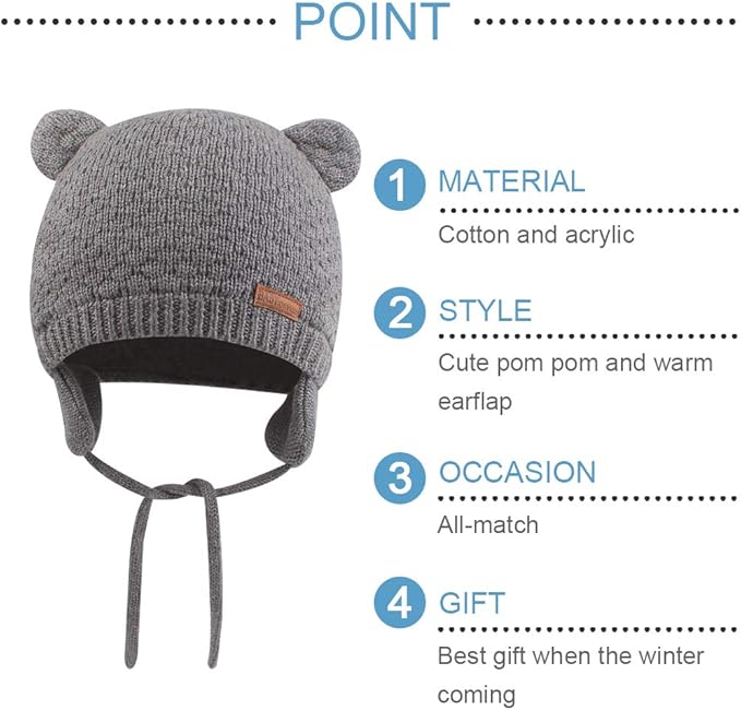 BAVST Baby Beanie Hat for Winter with Earfalp Cute Bear Kids Toddler Girls Boys Warm Knit Cap 0-2Years