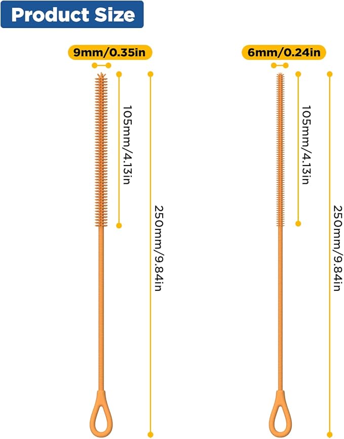 YOTIME Silicone Straw Cleaner Brush, 2Pcs Reusable Straw Brush Extra Long for Cleaning Tumbler with Handle and Glass Metal Smoothie Straws, Non-slip Handle Soft and Bendable, 6mm+9mm, Orange