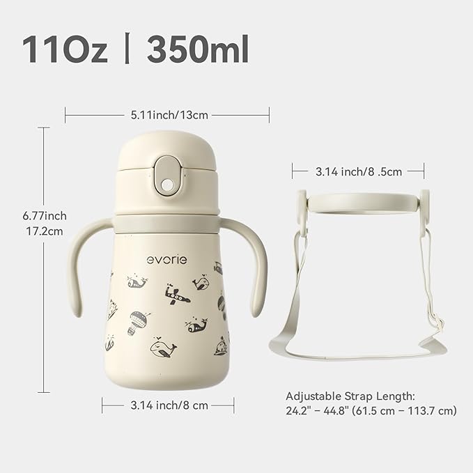 Evorie Leak Proof Vacuum Insulated Water Bottle, 316L Stainless Steel Sippy Cup for Toddlers, 11 oz Straw Cup with Handle & Adjustable Strap, Keeps Drinks Warm or Cold (Travel in Space)