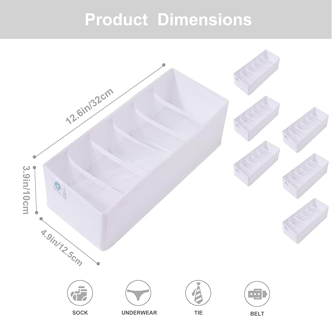 Qozary 6 Pack Sock Underwear Drawer Organizer Dividers, Collapsible Cabinet Closet Storage Boxes for Clothes, Socks, Lingerie, Underwear, Tie, Belt, Baby, Bedroom