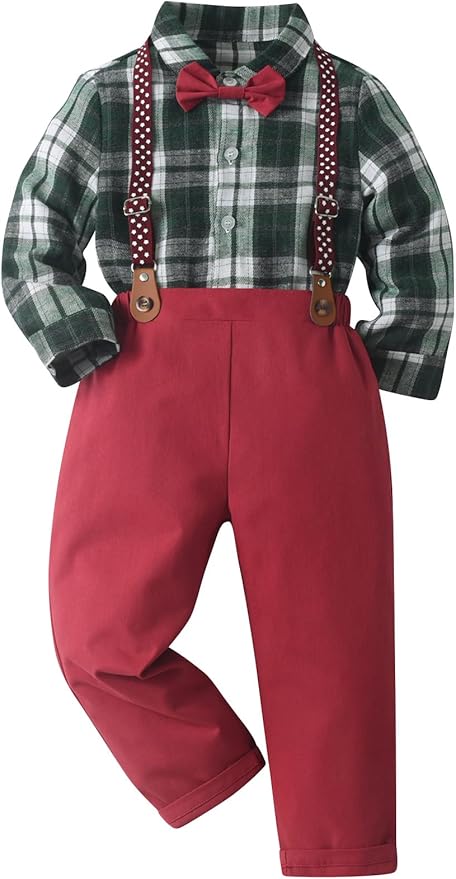 Boarnseorl Baby Boys Pants Sets,Toddler Gentleman Outfits, Infant Long Sleeve Shirt + Pants + Bow Tie + Suspenders