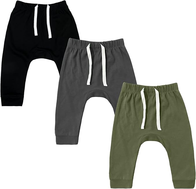 SOBOWO Newborn Baby Boy Girl 3-Pack Joggers Infant Baby Cotton Harem Pants for Toddler Boys Girls 0-3T Interlock 195 GSM