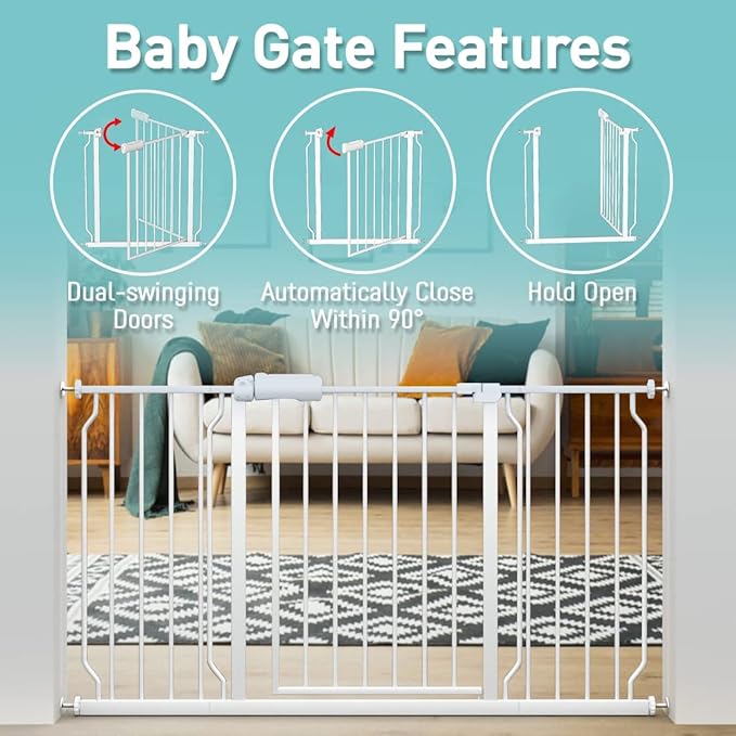 WAOWAO Baby Gate 57.48-62.17" Extra Wide Pressure Mounted Walk Through Swing Auto Close Safety White Metal Toddler Kids Child Dog Pet Puppy for Stairs,Doorways,Kitchen