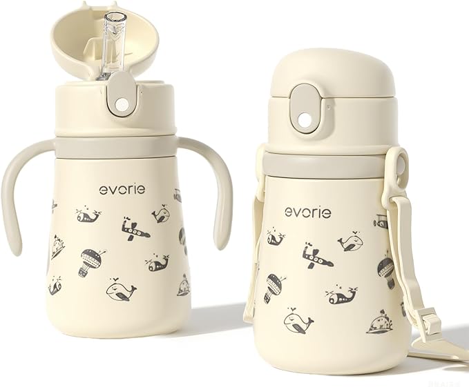 Evorie Leak Proof Vacuum Insulated Water Bottle, 316L Stainless Steel Sippy Cup for Toddlers, 11 oz Straw Cup with Handle & Adjustable Strap, Keeps Drinks Warm or Cold (Travel in Space)