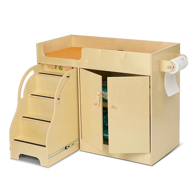 Monläurd® 100% Birch Baby Changing Table with Stairs & Storage, Montessori Toddler Diaper Changing Station, Safe Nursery Furniture for Daycare & Home