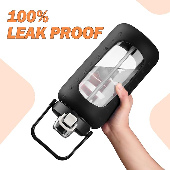 72oz Glass Water Bottle with 2-IN-1 Straw &Chug Lid, Large Motivational Glass Bottle with Capacity Marker and Silicone Sleeve, 2.1Liter Gallon Water Jug for Home, Sports, Gym, BPA Free-Black