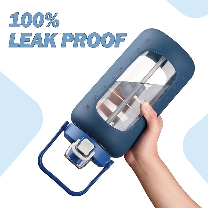 72oz Glass Water Bottle with 2-IN-1 Straw &Chug Lid, Large Motivational Glass Bottle with Capacity Marker and Silicone Sleeve, 2.1Liter Gallon Water Jug for Home, Sports, Gym, BPA Free-Blue