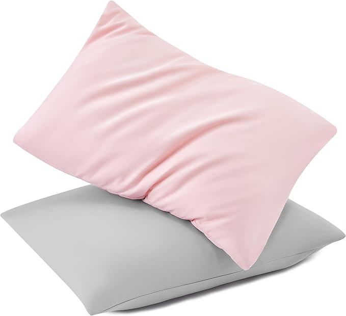 TILLYOU Toddler Pillowcase 2 Pack with Envelope Closure,13" x 18" Silky Soft Microfiber Travel Kids Pillowcase for Boys and Girls,Gray & Pink