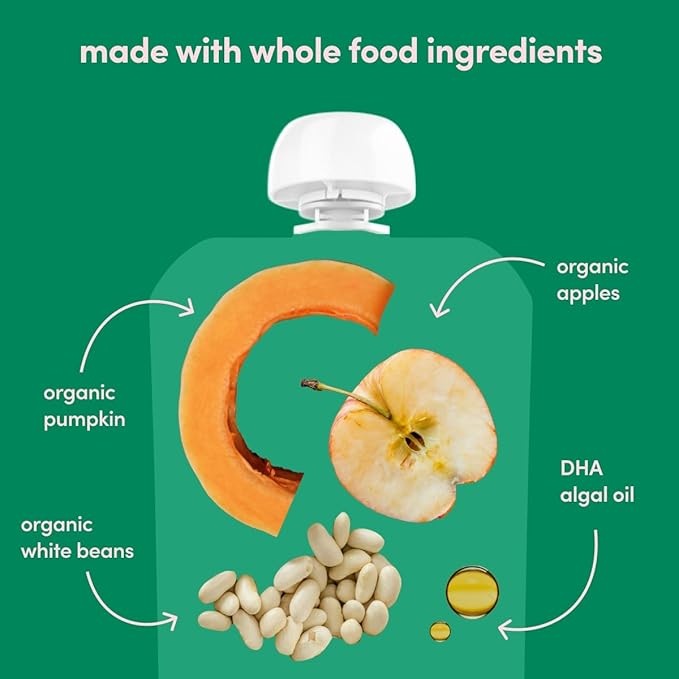 Cerebelly Organic Baby Food Pouches, White Bean Pumpkin Apple Purees, 16 Nutrients, No Added Sugar, Fiber & Non-GMO, 4oz, 12 Pack