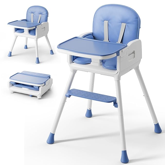3-in-1 Portable Baby High Chair for Babies and Toddlers, Convertible Easy Clean Infant Foldable Highchair with Adjustable Legs & Dishwasher Safe Tray, Blue