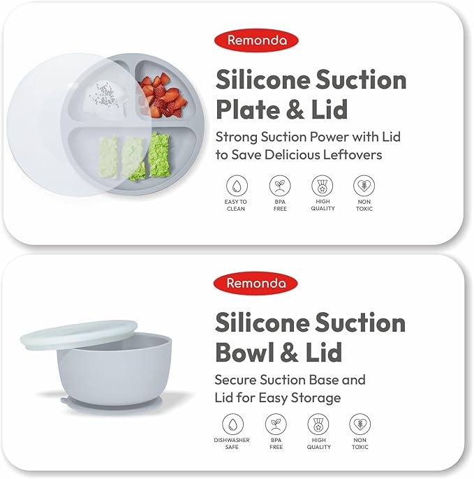 Remonda 23-Piece BPA-Free Silicone Baby Feeding Set | Extra Large Suction Plates, Toddler Bowls, Self Feeding Spoons, and More | Dishwasher Safe| Baby Led Weaning Supplies（Grey）