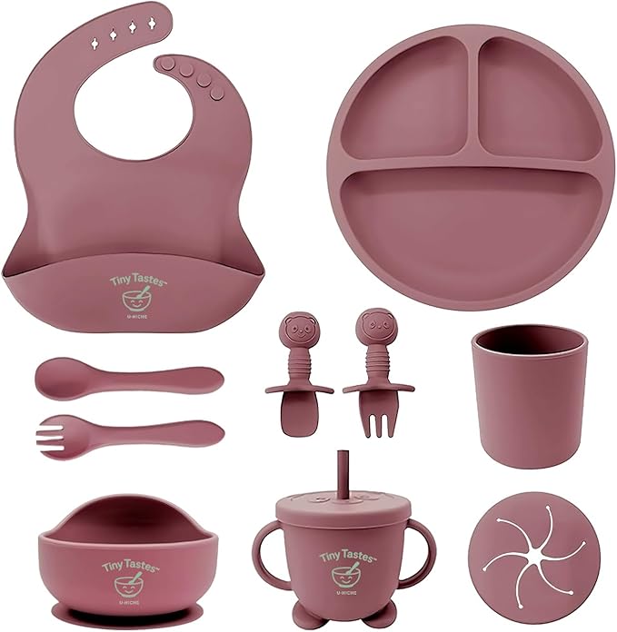 10-Piece Silicone Baby Feeding Set – BPA-Free, Spill-Proof Suction Plate, Bowl, Bib, Snack Cup & Utensils | Dishwasher Safe, Baby Gift Ready (Dark Pink)