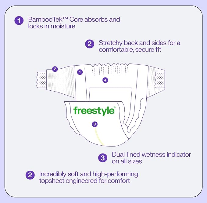 Freestyle BambooTek Diapers – (Size 2) Hyper Absorbent & Non-Toxic – Disposable Diapers for Sensitive Skin – Ultra Soft Diapers (12-18 lbs) – 192 Count