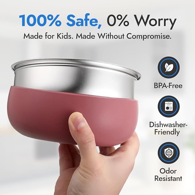 4 Pack Stainless Steel Bowls for Kids - BPA-Free 5" Baby Bowls with Removable Silicone Base - Non-Slip Toddler Bowls for Snacks & Meals (Classic Colors)