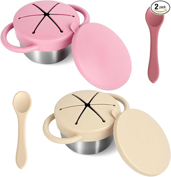 2 Pack Stainless Steel Toddler Snack Cups,Snack Containers For Kids,Baby Food Catcher Spill Proof,Bpa-Free,Food Grade Silicone,Spoon Is Included