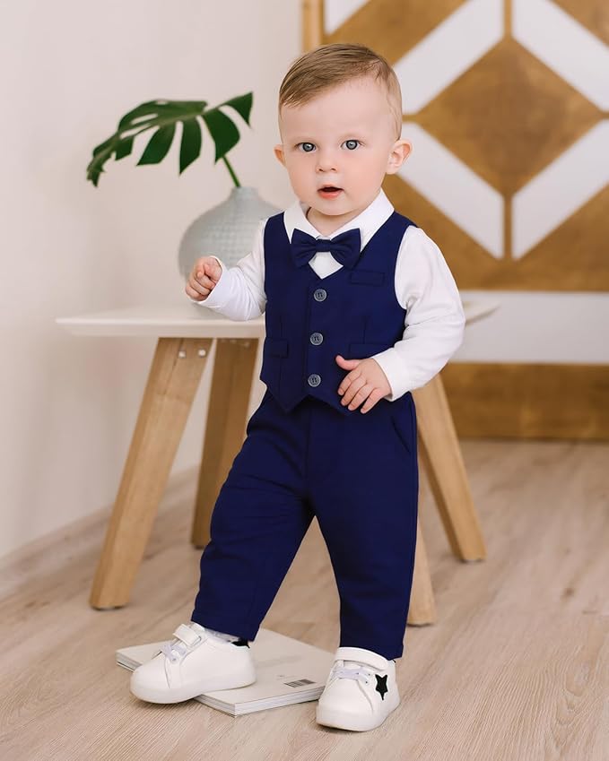 Baby Boy Clothes Suits Infant Gentleman Wedding Outfit Formal Dress Shirt Vest Bowtie Pants 4Pcs Baby Suit Sets