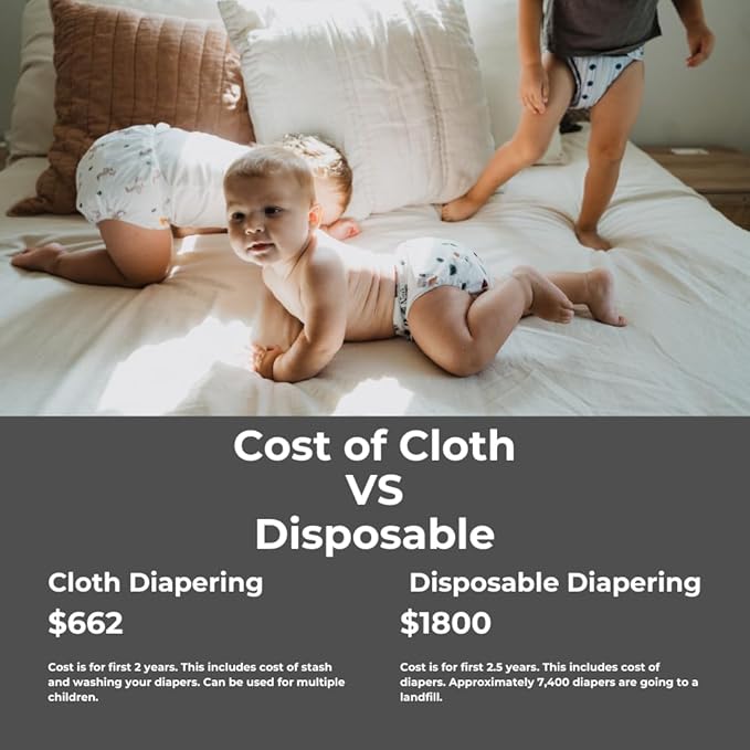 Nora's Nursery Cloth Diapers 7 Pack with 7 Inserts & 1 Wet Bag - Waterproof Cover, Washable, Reusable & One Size Adjustable Pocket Diapers for Newborns and Toddlers - Winter White