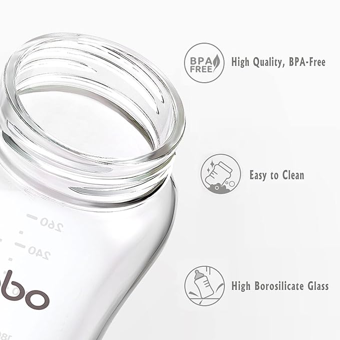 YOHKOH Natural Glass Baby Bottle with Natural Response Nipple, Newborn Anti-Colic Baby Bottles, Wide Neck Mushroom Cap Baby Bottle, Clear (8.8oz (Pack of 4), Green)