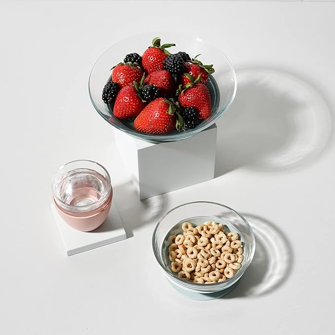 BEABA 3-Piece Glass Meal Set with Silicone Suction, Toddler Plate and Baby Bowls with Suction, Non Slip Kids Dinnerware Set, 2.5x Stronger than Regular Glass, Eucalyptus