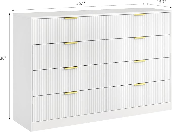 8 Drawer Dresser for Bedroom, Modern Fluted Double Dresser, 55" Wide Chest of Dressers, Wooden Beside Table for Closet, Living Room and Entryway, White